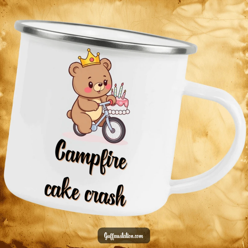 Funny camping mug featuring a crowned bear riding a unicycle into a birthday cake, perfect for humorous outdoor excursions and warm beverages.