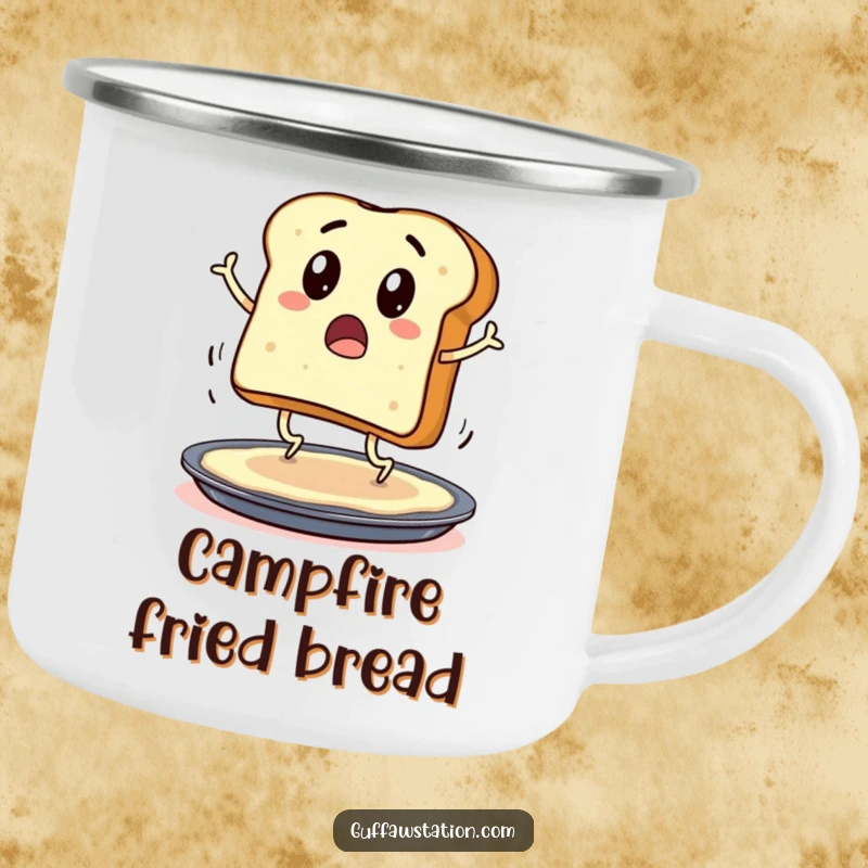 Funny camping mug with a surprised toast character, legs hopping onto a buttered pan, ideal for outdoor use.