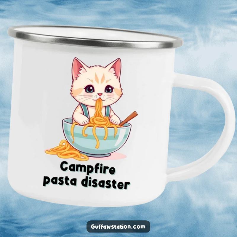 Funny camping mug featuring a cat in tiny suspenders spilling a large bowl of spaghetti, perfect for outdoor enjoyment.