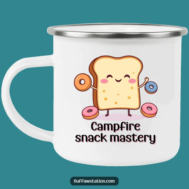 Funny Toast Donut Juggling Camping Mug: Cheerful Breakfast, Outdoor Fun Gift!