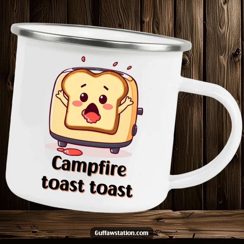 Funny camping mug with a surprised slice of toast leaping from a toaster with jam splatter, for outdoor humor.