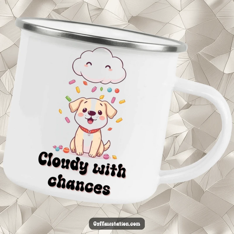 Funny camping mug showing a shy cloud raining colorful candy down on a surprised dog during an outdoor adventure.