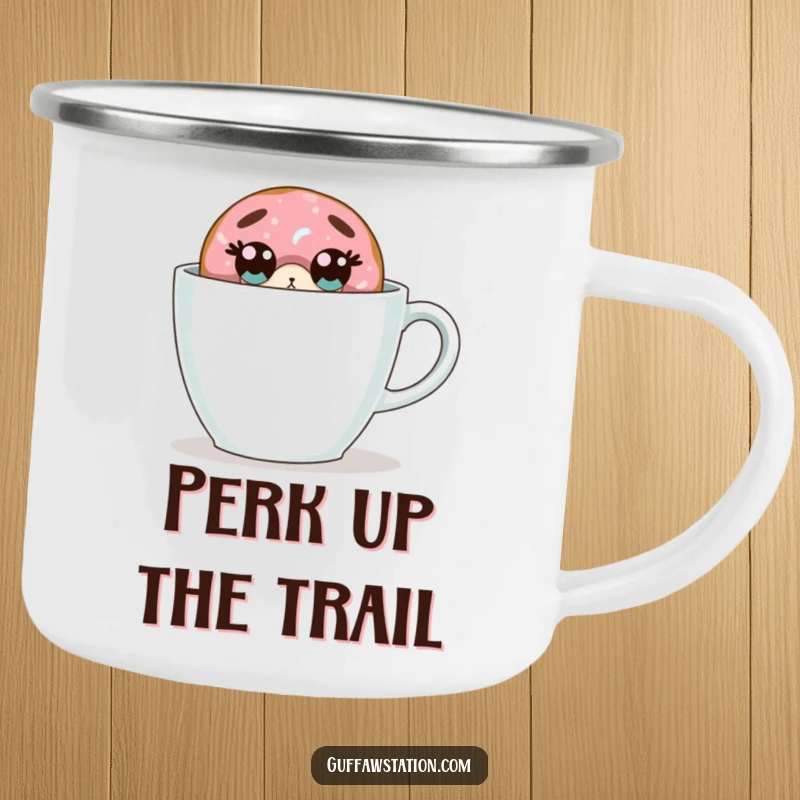 Funny donut camping mug shows a surprised donut peeking from behind a giant coffee cup, perfect for outdoor enjoyment.