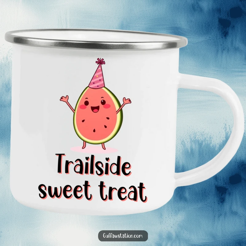 Funny watermelon camping mug shows a happy dancing slice with a party hat, ready for outdoor celebrations.