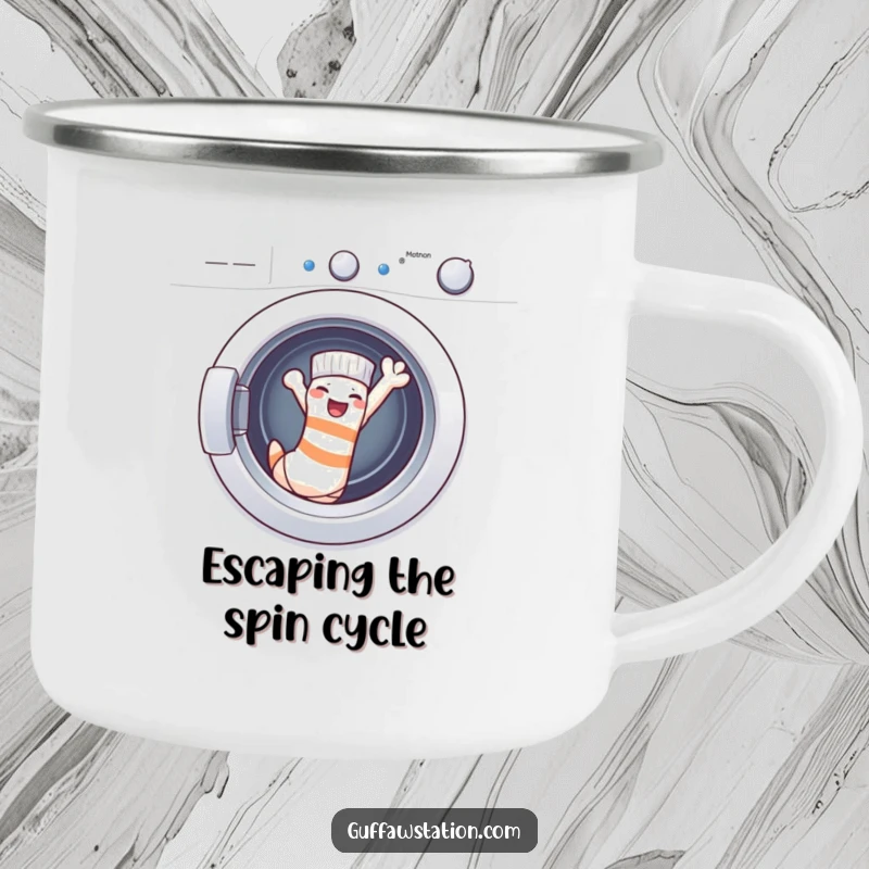 Funny Camping Mugs: A cheeky sock triumphantly escapes the washing machine, ready for outdoor adventures and morning coffee with a humorous twist.