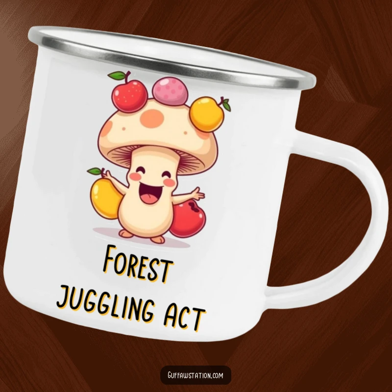 Funny enamel camping mug with a happy mushroom juggling fruits, designed for outdoor fun and cartoonish cheer.