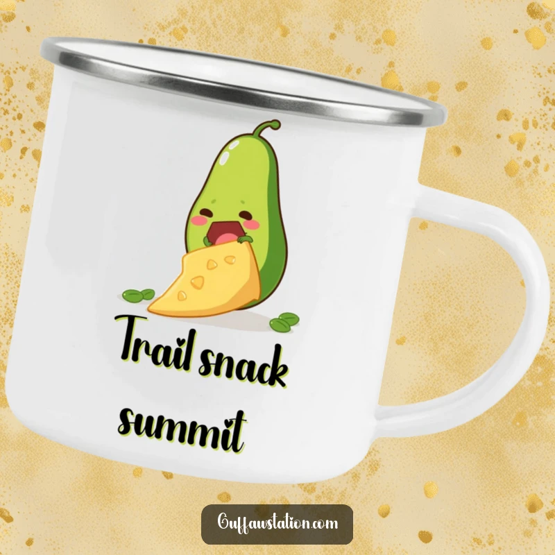 Funny camping mug with a determined avocado climbing a giant tortilla chip, ideal for ambitious outdoor enthusiasts.