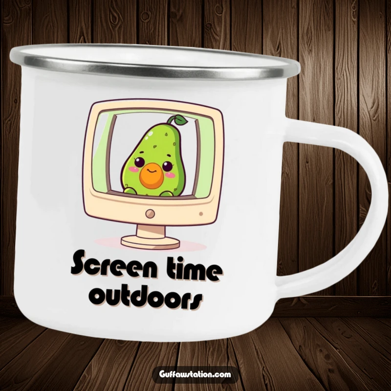 Funny camping mug with a curious avocado peeking from a giant computer screen, perfect for nerdy outdoor hydration.