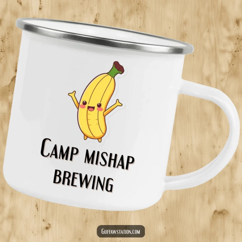 Funny Banana Slip Camping Mug with a banana dramatically slipping on a peel with arms flailing, perfect for outdoor beverages.