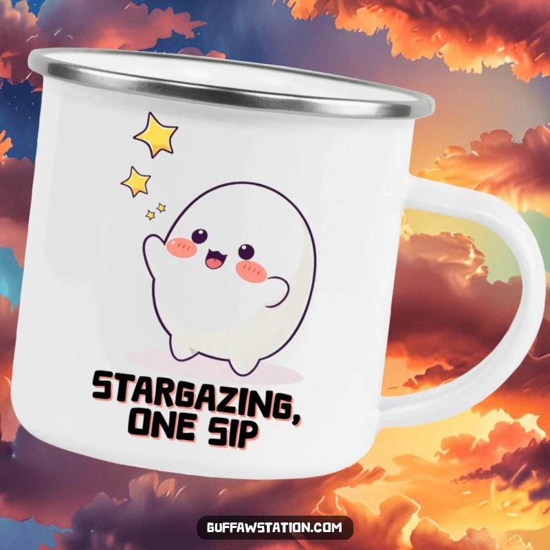 Funny blob character trying to catch falling stars, a humorous and durable camping mug.