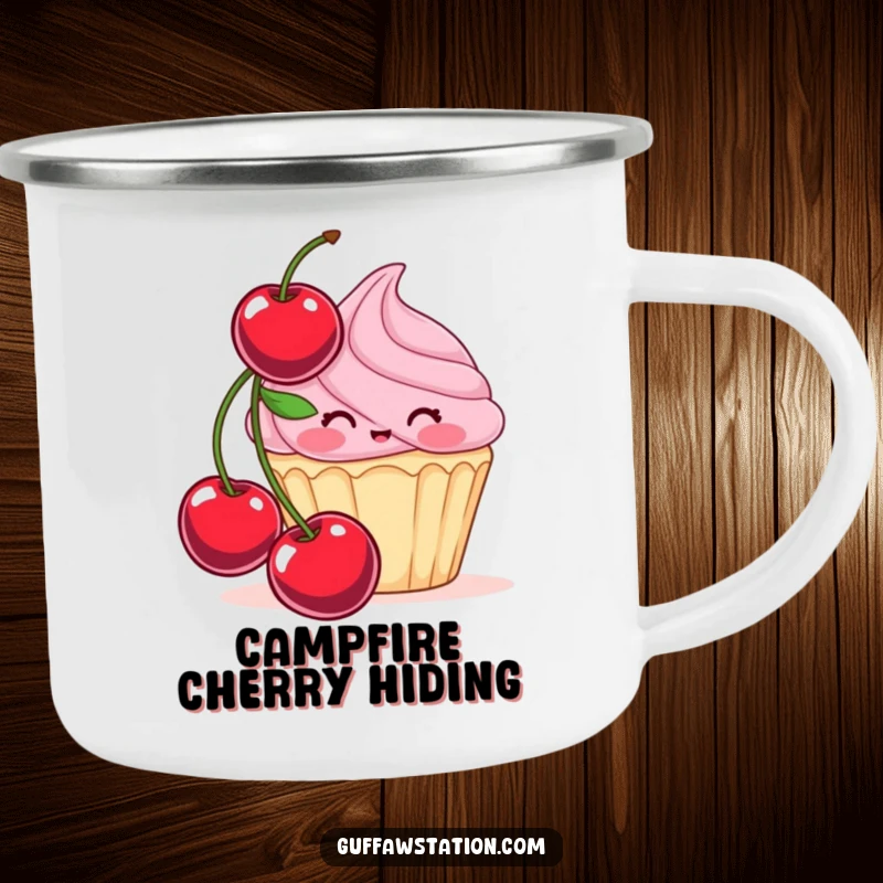 Funny camping mug showcasing a blushing cupcake hiding behind a cherry, durable and humorous for outdoor sweet treat lovers.