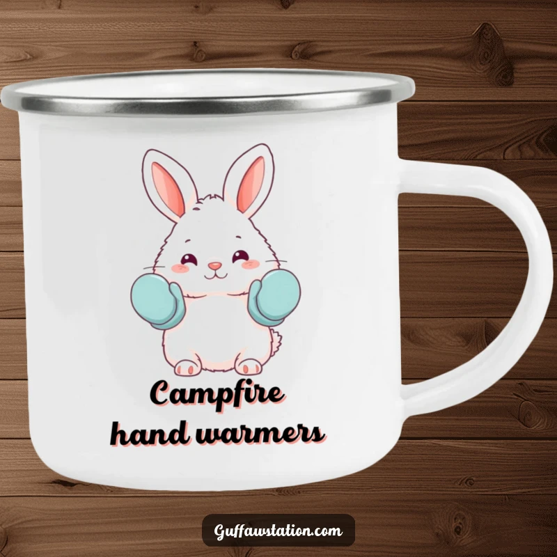 Funny camping mug showing a fluffy bunny accidentally wearing oven mitts as mittens, ideal for outdoor adventurers who appreciate cute humor.