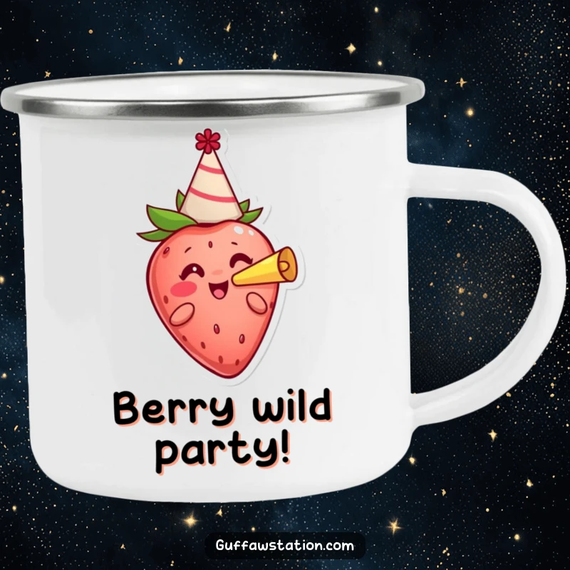 Funny cheerful strawberry wearing a party hat and blowing a horn on a durable enamel camping mug.