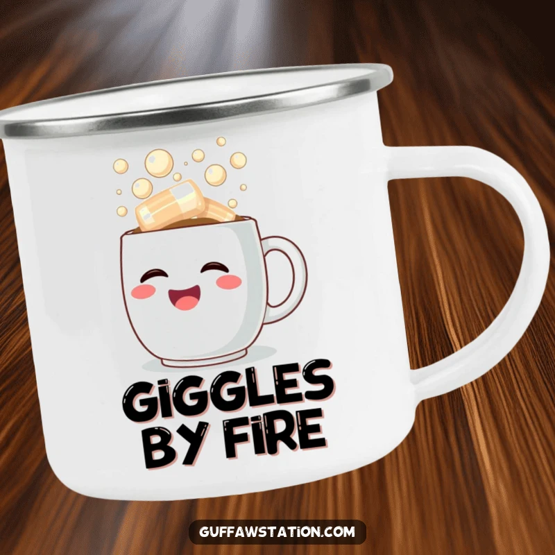 Funny camping mug with a happy coffee cup overflowing with steaming, bubbly laughter, for joyful outdoor experiences.