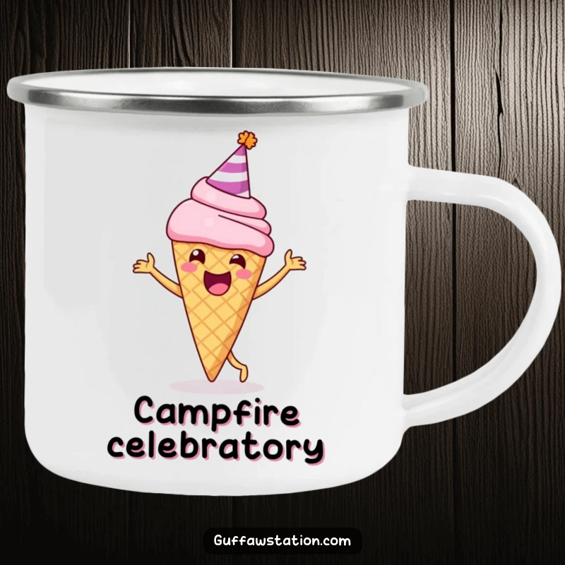 Funny camping mug with a delighted ice cream cone wearing a party hat, happily dancing, ideal for festive outdoor drinks.