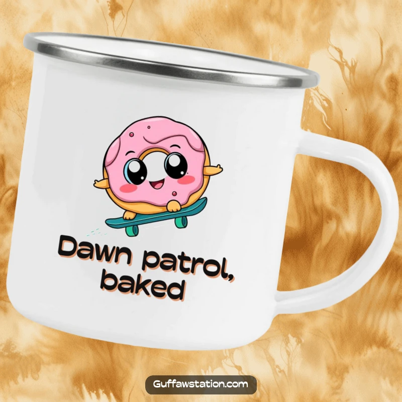 Funny donut character skateboarding downhill on a rugged camping mug, designed for outdoor enthusiasts who appreciate humor.