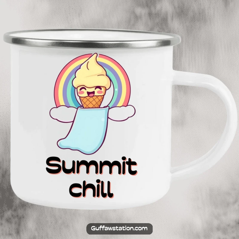 Funny ice cream camping mug with a giggling cone sliding down a rainbow chute, for cheerful outdoor lovers.