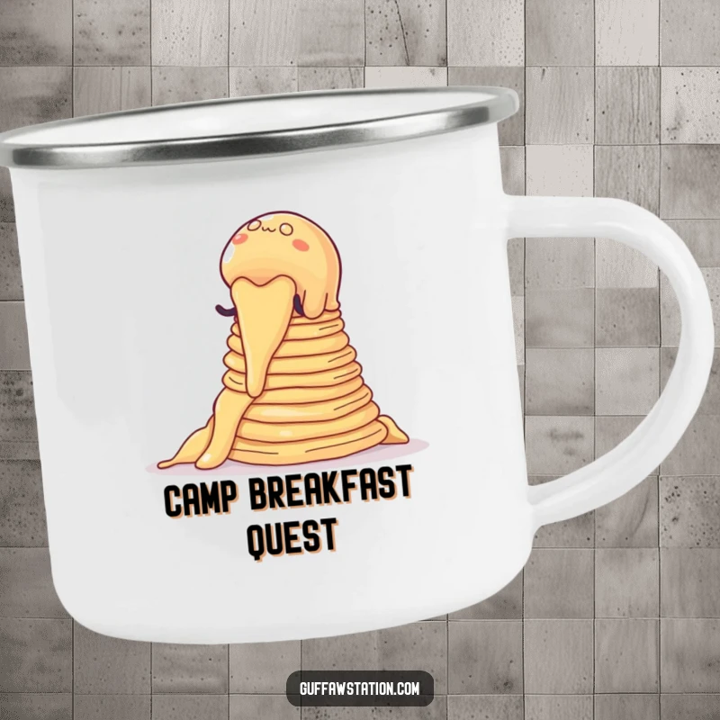Funny enamel camping mug with a wobbly jelly blob climbing pancakes, designed for outdoor humor and durability.