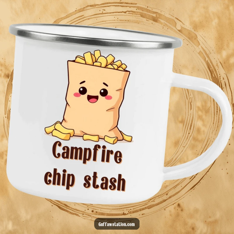 Funny mischievous potato hiding behind a giant bag of chips on a durable enamel camping mug.
