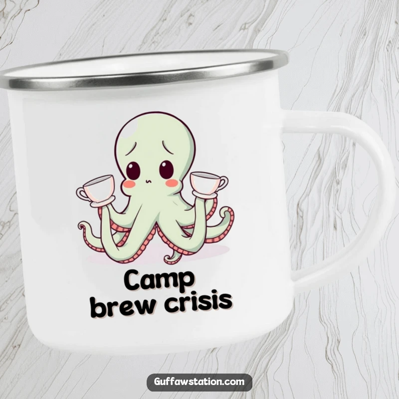 Funny octopus character with teacups, looking surprised, on a durable and funny camping mug.