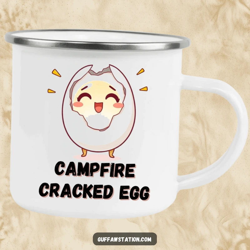Funny camping mug featuring a startled egg character cracking in half with a shocked and joyful look, perfect for outdoor drinks and humor.