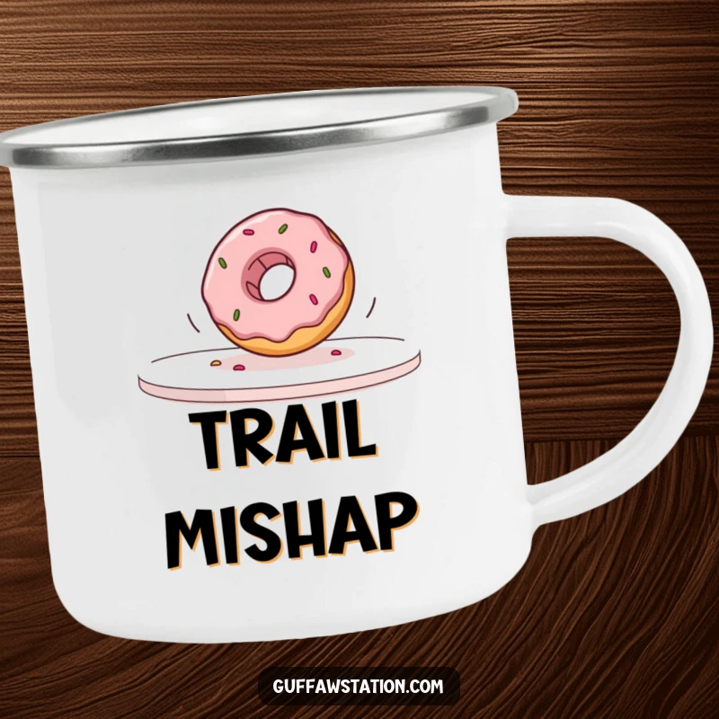 Funny donut falling off a table in slow motion on a rugged camping mug, designed for outdoor enthusiasts with a sense of humor.