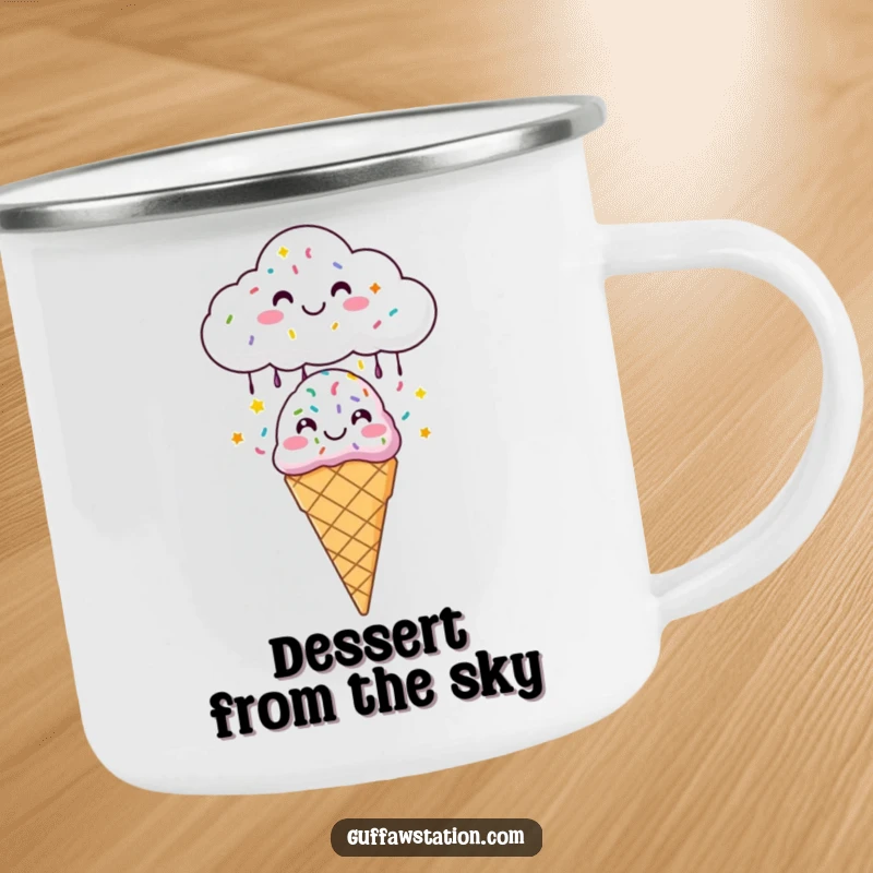 Funny camping mug with a happy cloud raining sprinkles onto an ice cream cone, ideal for cheerful outdoor enjoyment.