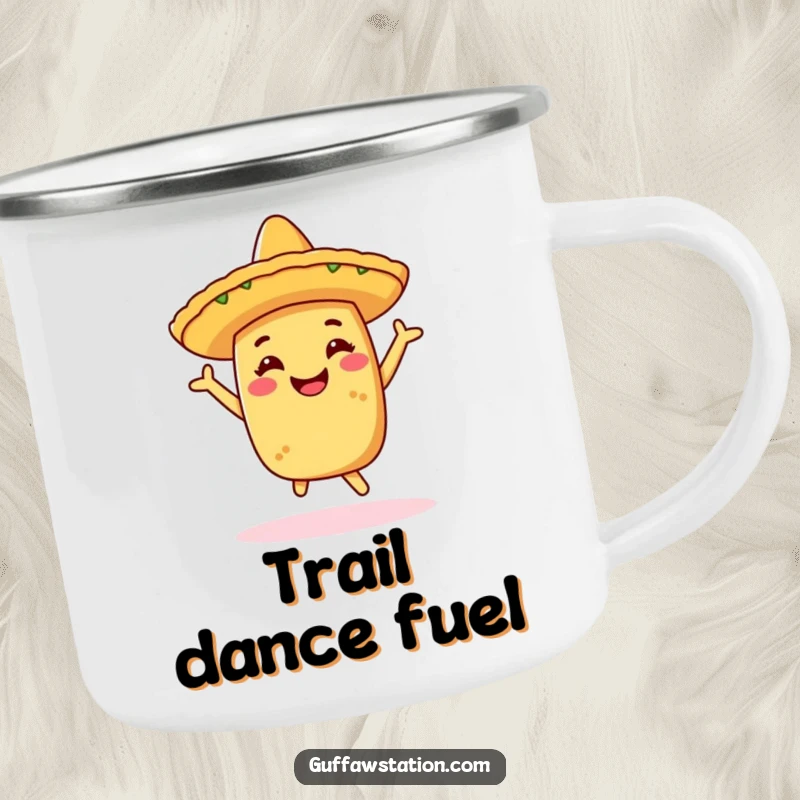 Funny camping mug showing a cheerful taco in a sombrero, doing a celebratory dance, ideal for outdoor enthusiasts who love a party theme.