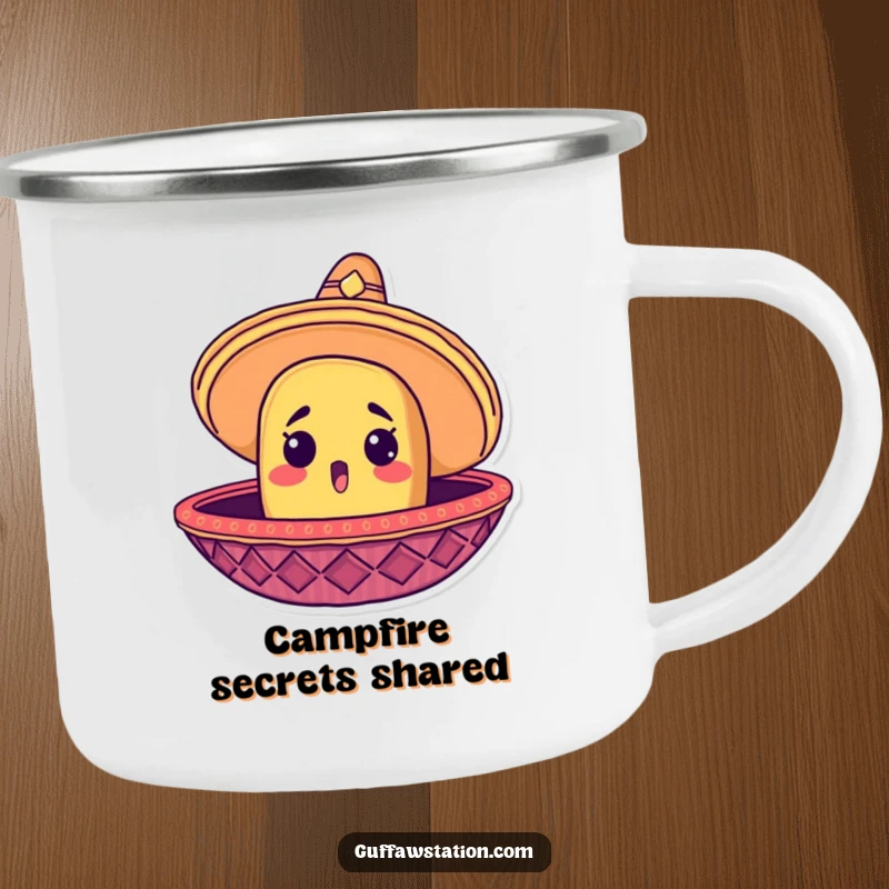 Funny and durable camping mug with a surprised taco head peeking from a giant sombrero, ready for outdoor fiestas.