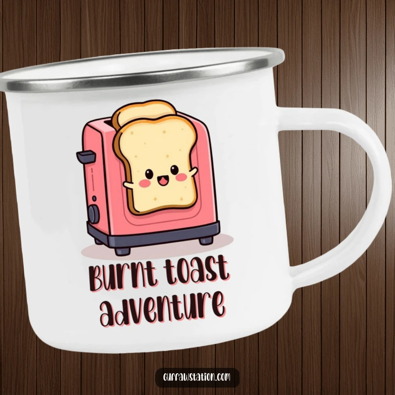 Funny camping mug featuring a slice of toast jumping out of a toaster, perfect for outdoor enthusiasts who love humor.