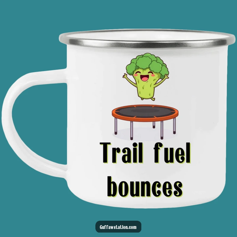 Funny Veggie Camp Mug: Broccoli Trampoline Jump, Great Funny Gift for Outdoorsy People
