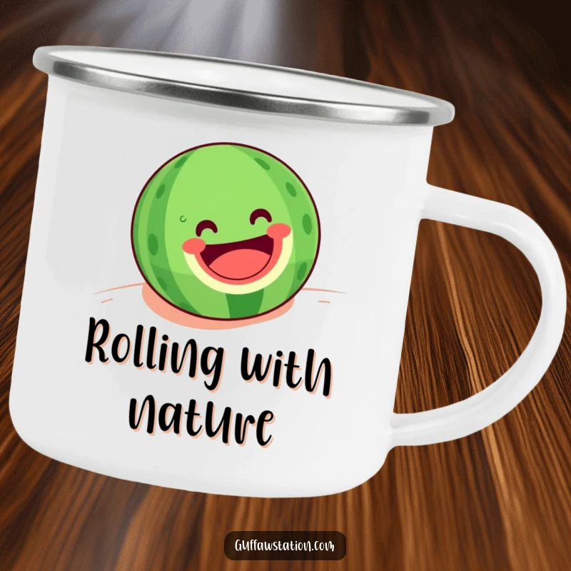Funny camping mug with a happy watermelon with a big grin rolling downhill, ideal for joyful summer outdoor activities.