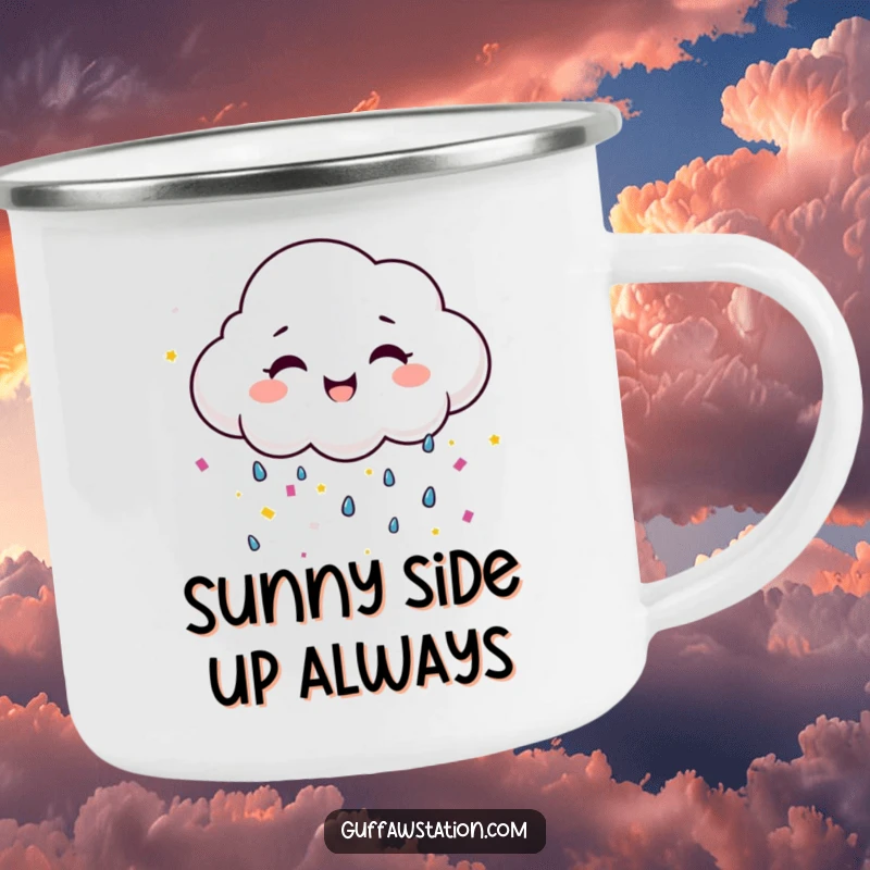 Funny happy cloud with a wide smile raining confetti, a humorous and durable camping mug.