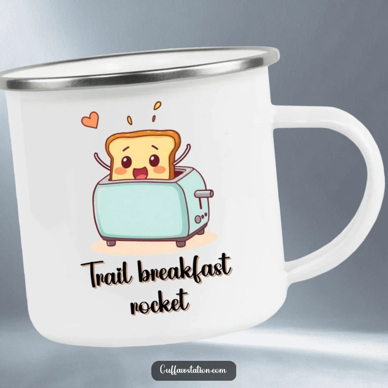 Funny camping mug showing a startled piece of toast popping out of a toaster and flying through the air, ideal for outdoor humor.
