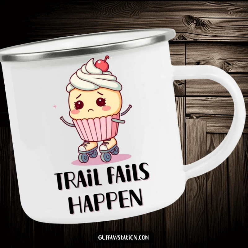 Funny and durable camping mug with a bewildered cupcake on roller skates, ready for outdoor escapades.