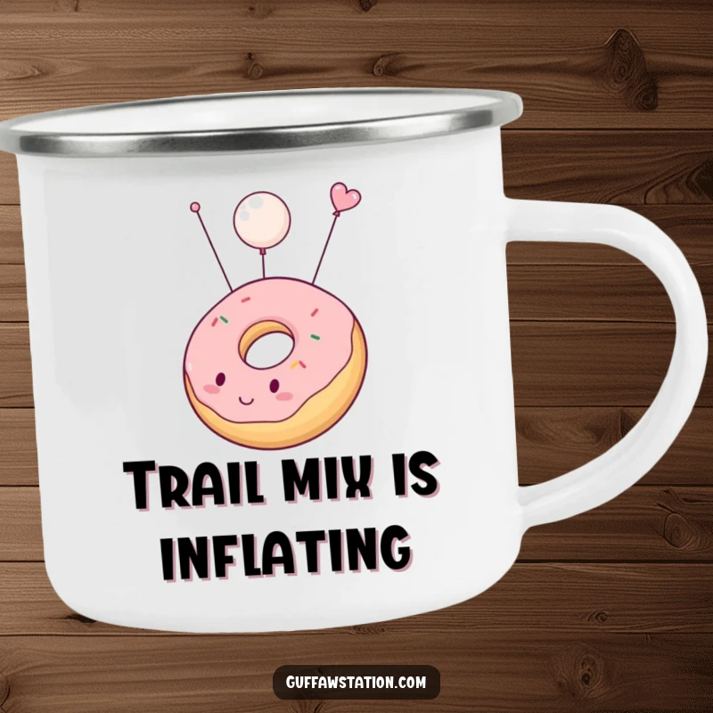 Funny camping mug showcasing a chubby donut inflating and floating upwards, durable and humorous for outdoor sweet treat lovers.