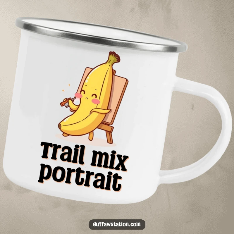 Funny banana camping mug with a blushing banana painting its self-portrait with its peel, for artistic outdoor types.
