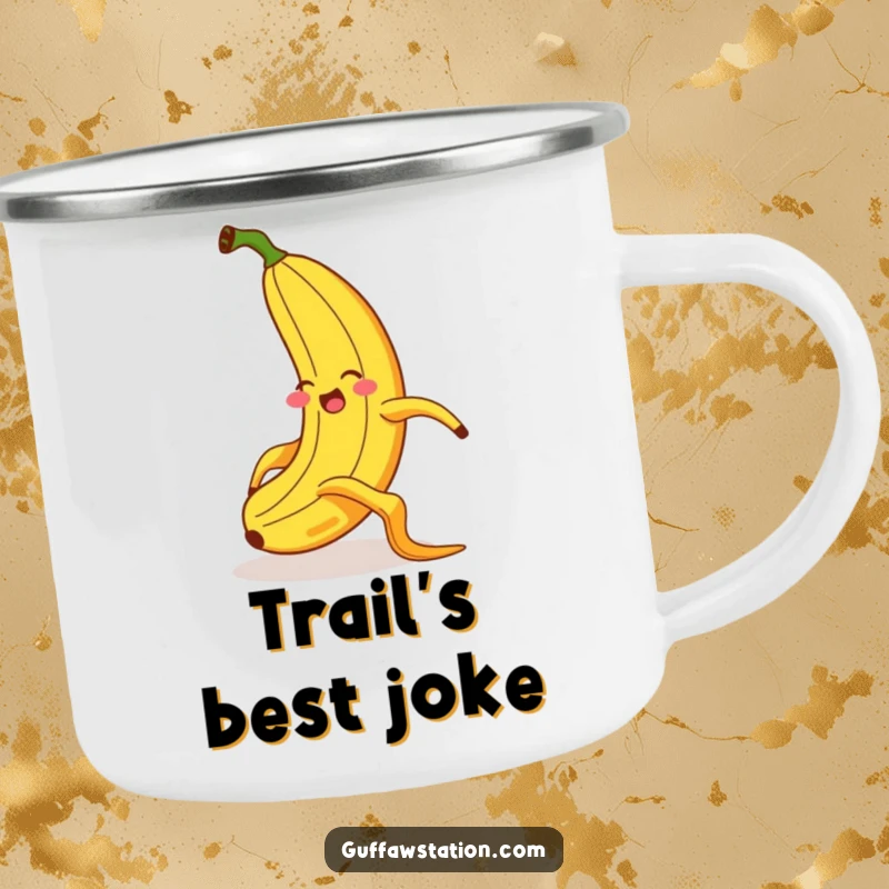 Funny camping mug showing a giggling banana comically slipping on a banana peel with exaggerated body language and a funny, surprised expression.
