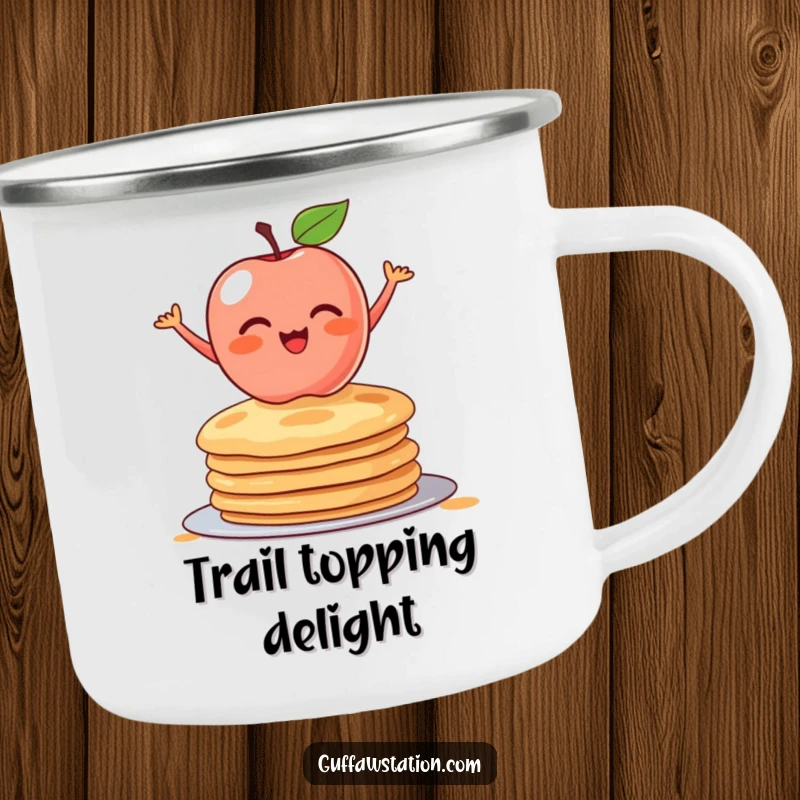 Funny camping mug showing a blushing apple balancing on pancakes. Sturdy and humorous drinkware for outdoor enthusiasts.