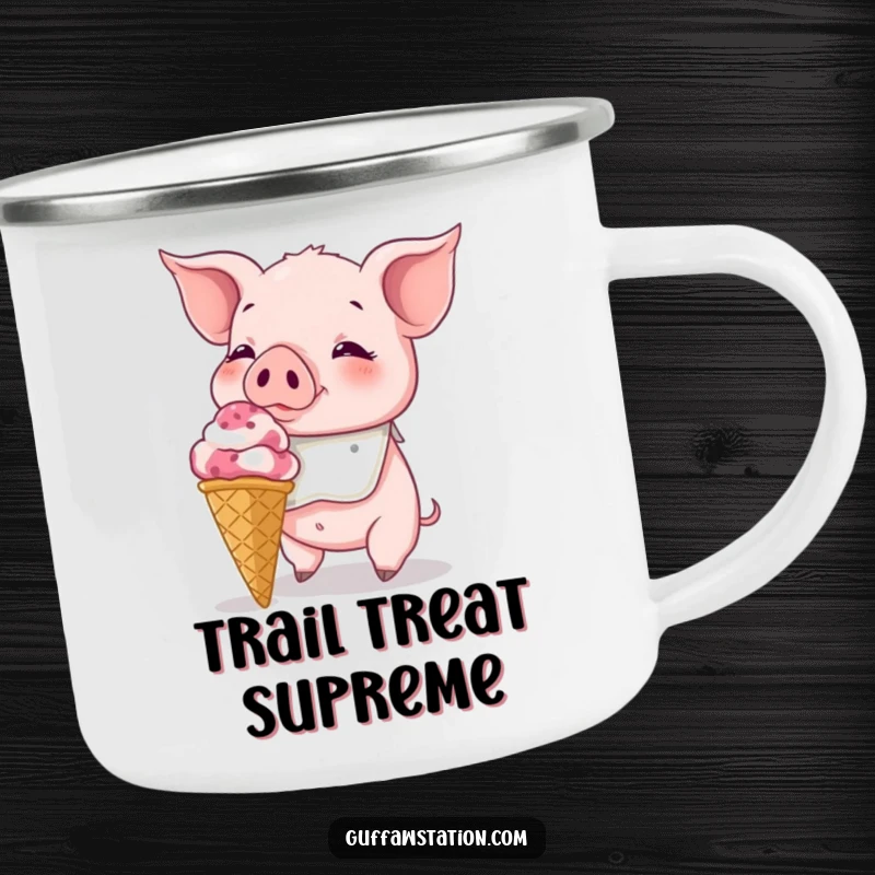 Funny Piglet Camping Mug: A bibbed piglet tackling a huge ice cream cone, perfect for sweet and funny outdoor moments.