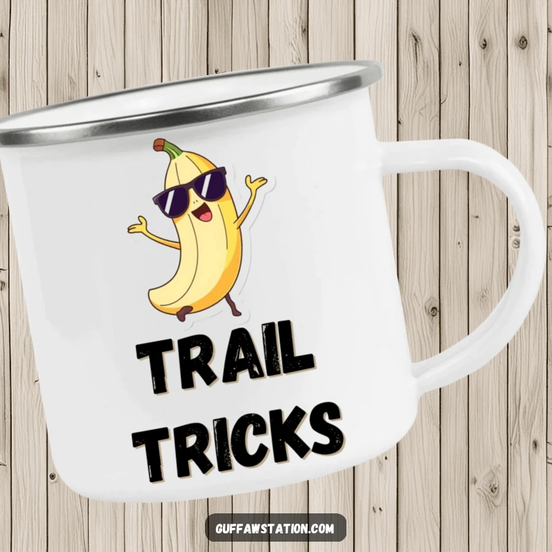 Funny mischievous banana peel character in sunglasses doing a sneaky trick on a sturdy camping mug.