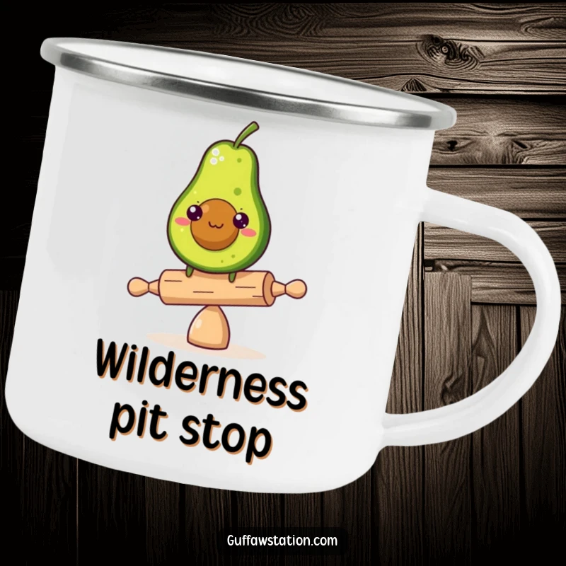 Funny determined avocado character balancing on a tiny rolling pin on a camping mug, perfect for humorous outdoor resilience.
