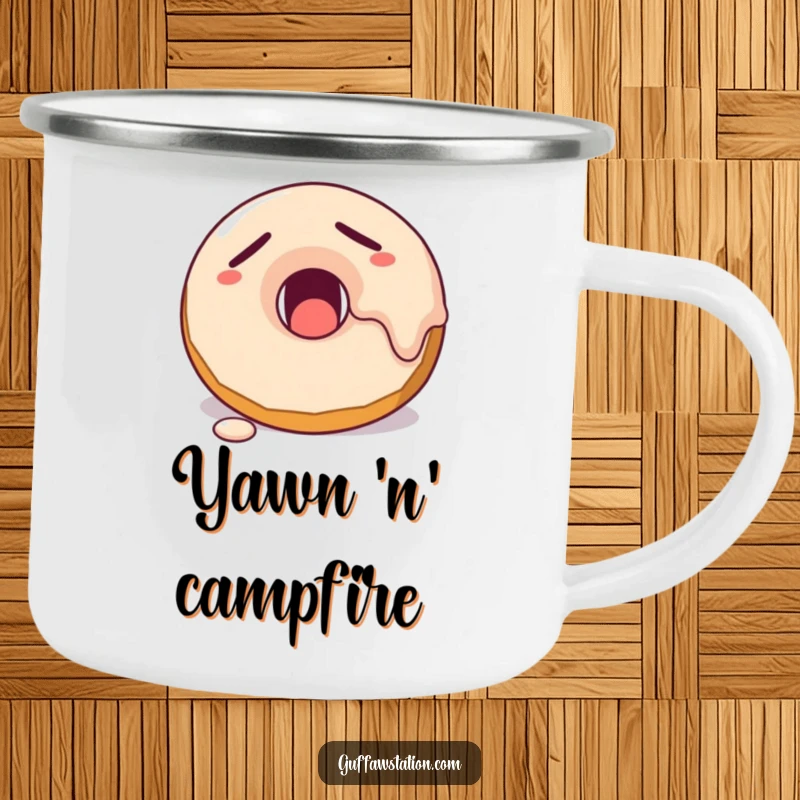 Funny sleepy donut character yawning with frosting melting on a durable enamel camping mug.