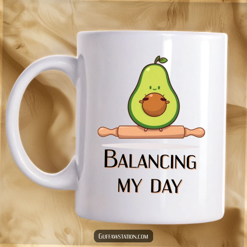 Funny avocado mug showing a determined avocado balancing precariously on a tiny rolling pin, a humorous kitchen scene.