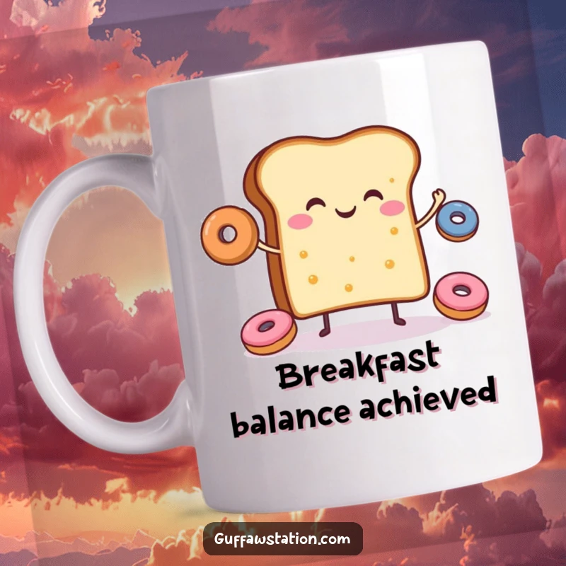 Funny mug showing a cheerful slice of toast happily juggling small donuts, representing breakfast joy.