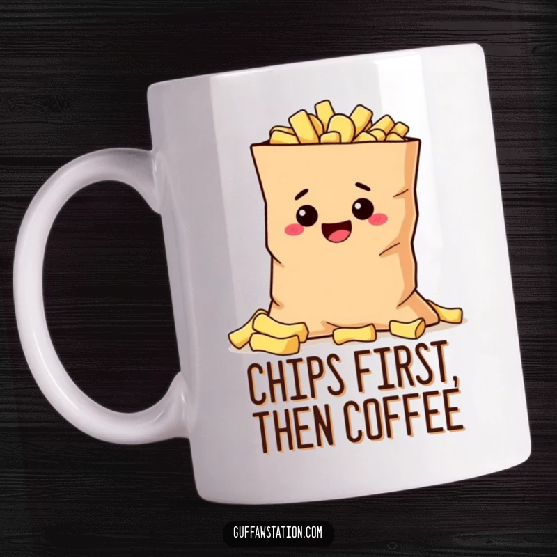 Funny mischievous potato peeking from behind a huge bag of chips on a humorous ceramic mug.
