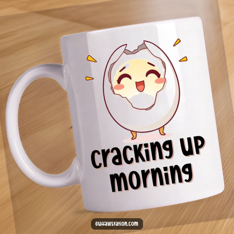Funny mug featuring a startled egg character cracking in half with a mixed expression of shock and joy, full of breakfast humor.