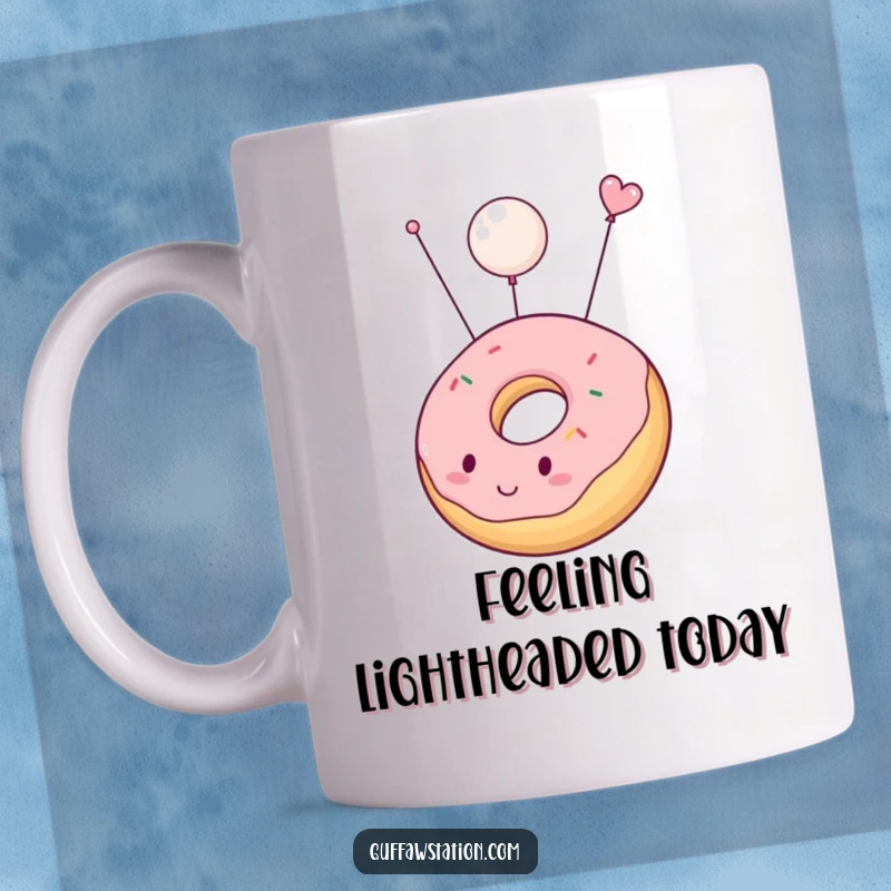 Funny mug showing a chubby donut comically inflating and gently floating upwards, a whimsical and sweet treat for coffee lovers.