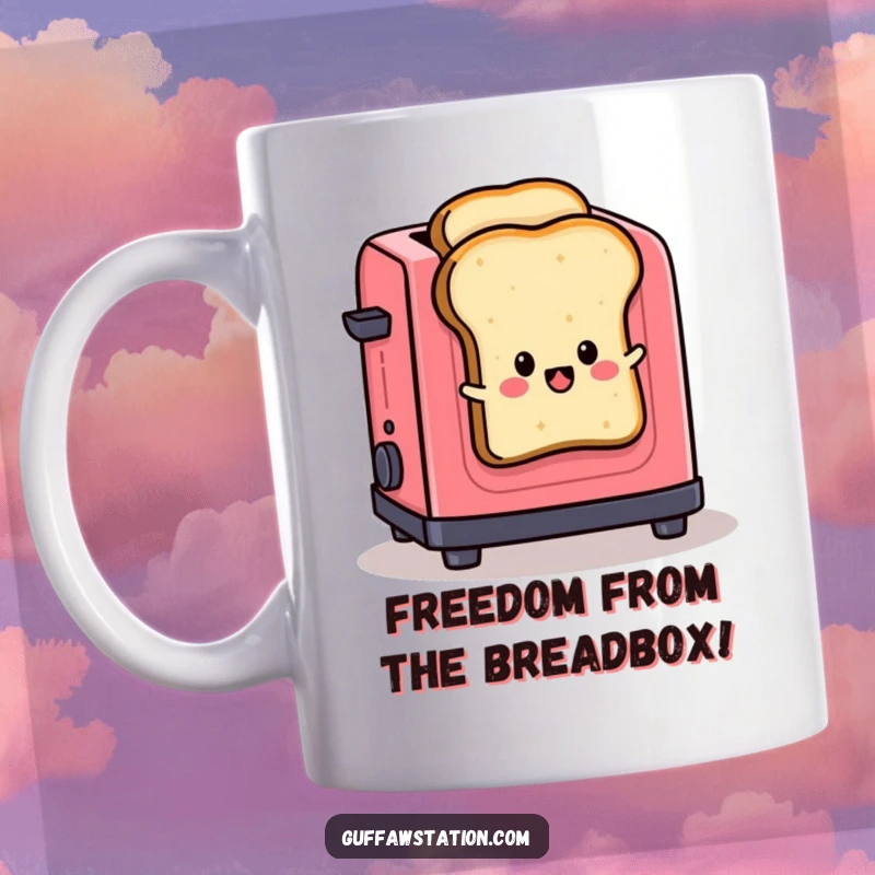 Funny mug depicting a slice of toast with a determined expression, jumping out of a toaster with heat lines indicating escape.