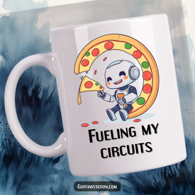 Funny mug featuring a small, eager robot joyfully attempting to eat a huge, rapidly spinning pizza with glee.